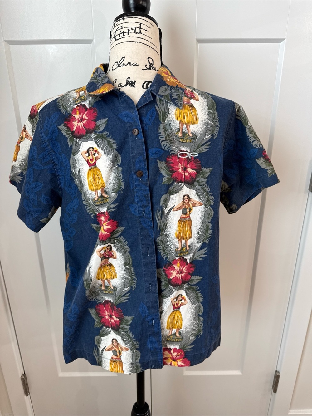 Vintage OP Hawaiian Shirt Blue Button Up Dancers Print Size Large